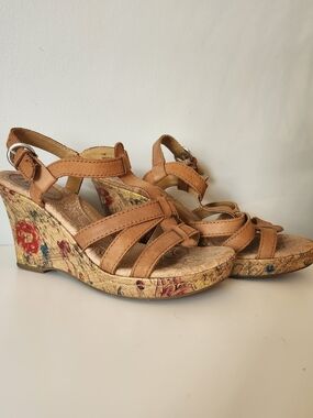 b.o.c. Tan Floral Cork Wedge Sandals